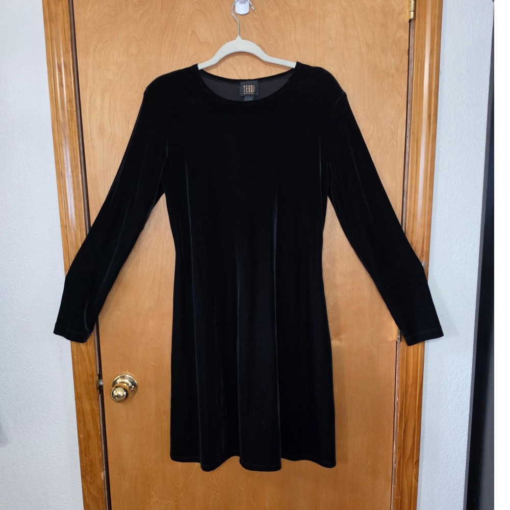 VTG Evening Black Velvet Long Sleeve Dress Size 10 A-Line Cocktail Midi Classic